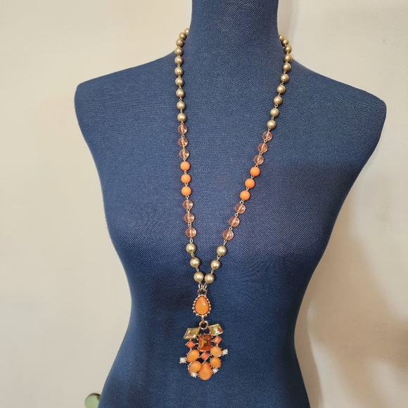 Long Orange and Gold Bead Necklace with Geometric Pendant - Picture 5 of 6